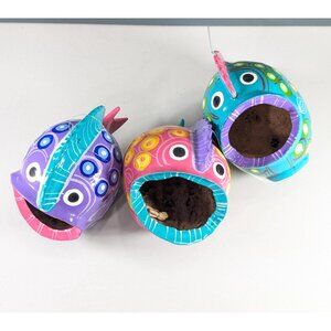 Colourful Mexican Folk Art coconut fish on a string; 3 layer indoor air planter